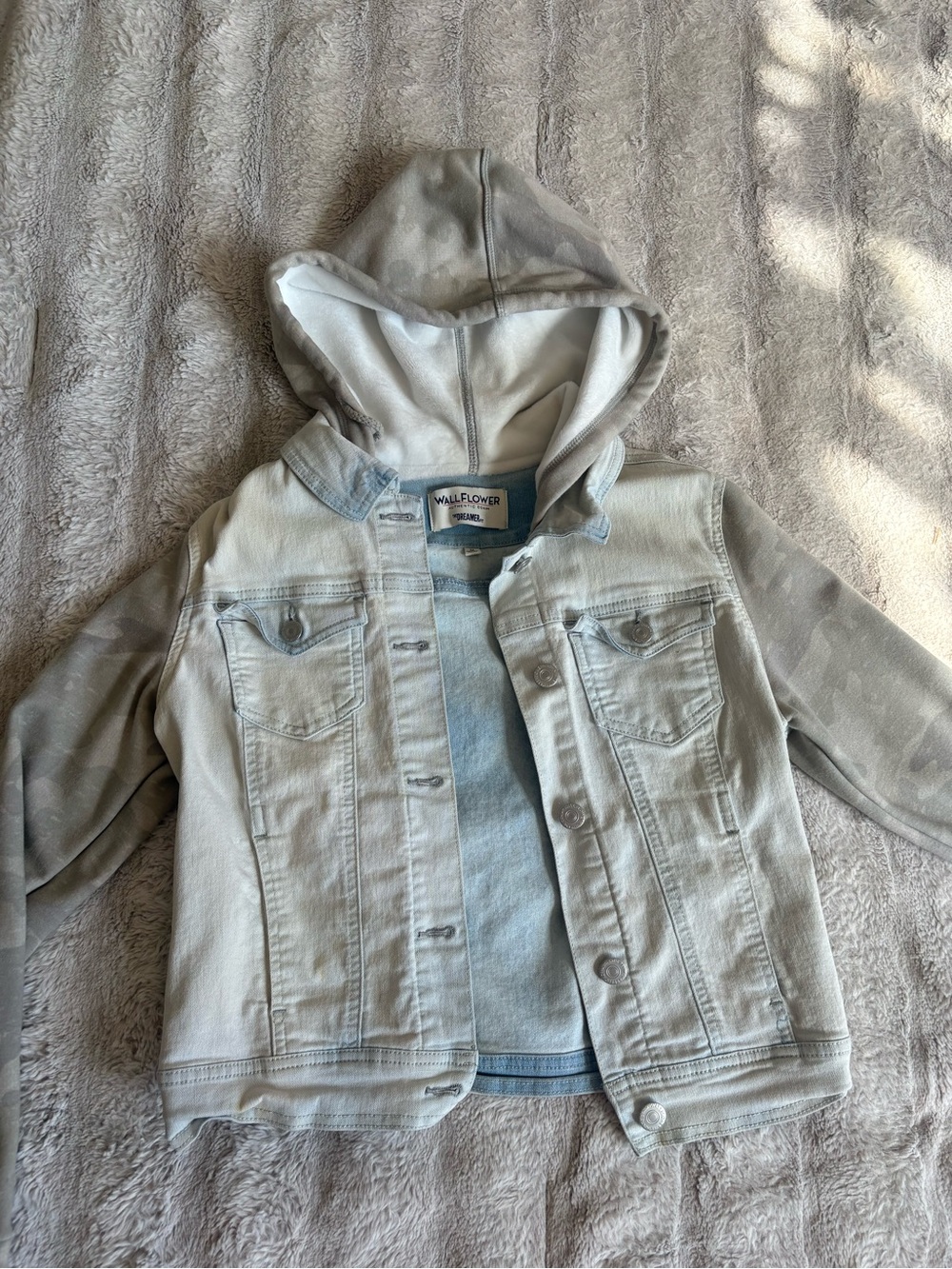 Denim Jacket with Camo Sweatshirt Hood & Sleeves.